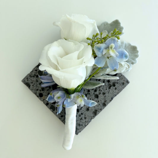 #1. White and blue boutonniere